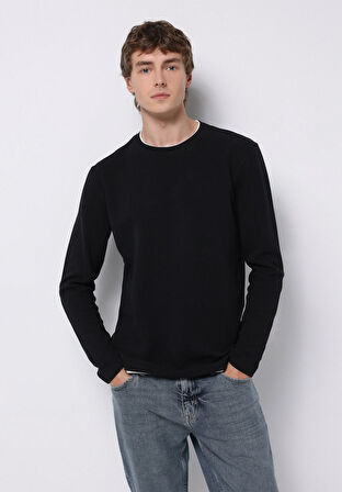Regular Fit Yuvarlak Yaka Jakarlı Erkek Siyah Uzun Kol Tişört