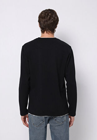 Regular Fit Yuvarlak Yaka Jakarlı Erkek Siyah Uzun Kol Tişört