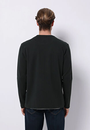 Regular Fit Yuvarlak Yaka Jakarlı Erkek Yeşil Uzun Kol Tişört