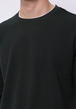 Regular Fit Yuvarlak Yaka Jakarlı Erkek Yeşil Uzun Kol Tişört