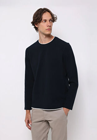 Regular Fit Yuvarlak Yaka Jakarlı Erkek Lacivert Uzun Kol Tişört