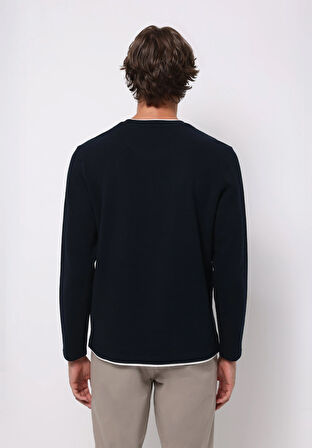 Regular Fit Yuvarlak Yaka Jakarlı Erkek Lacivert Uzun Kol Tişört