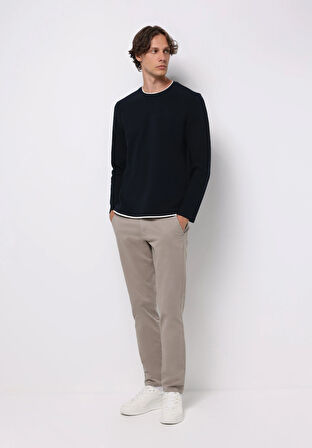 Regular Fit Yuvarlak Yaka Jakarlı Erkek Lacivert Uzun Kol Tişört