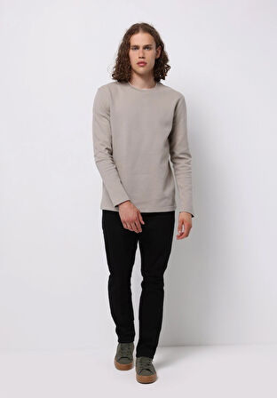 Regular Fit Yuvarlak Yaka Jakarlı Erkek Kahverengi Uzun Kol Tişört