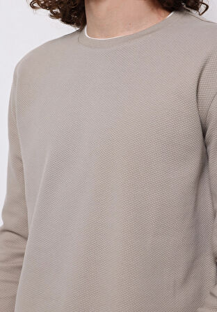 Regular Fit Yuvarlak Yaka Jakarlı Erkek Kahverengi Uzun Kol Tişört