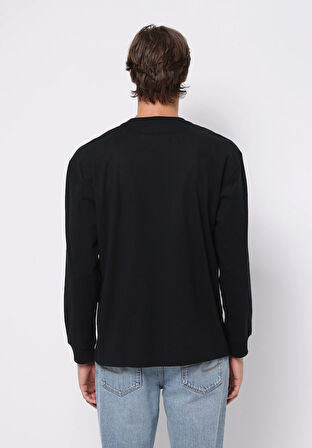 Comfort Fit Yuvarlak Yaka Düz Erkek Siyah Uzun Kol Tişört