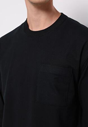 Comfort Fit Yuvarlak Yaka Düz Erkek Siyah Uzun Kol Tişört