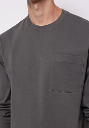 Comfort Fit Yuvarlak Yaka Düz Erkek Gri Uzun Kol Tişört