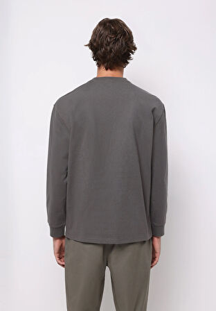 Comfort Fit Yuvarlak Yaka Düz Erkek Gri Uzun Kol Tişört