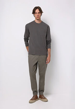 Comfort Fit Yuvarlak Yaka Düz Erkek Gri Uzun Kol Tişört
