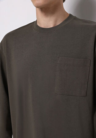 Comfort Fit Yuvarlak Yaka Düz Erkek Yeşil Uzun Kol Tişört