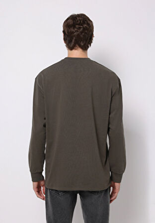 Comfort Fit Yuvarlak Yaka Düz Erkek Yeşil Uzun Kol Tişört
