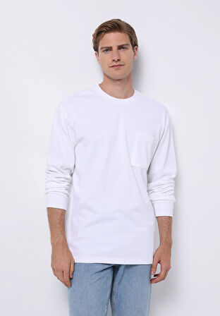 Comfort Fit Yuvarlak Yaka Düz Erkek Beyaz Uzun Kol Tişört
