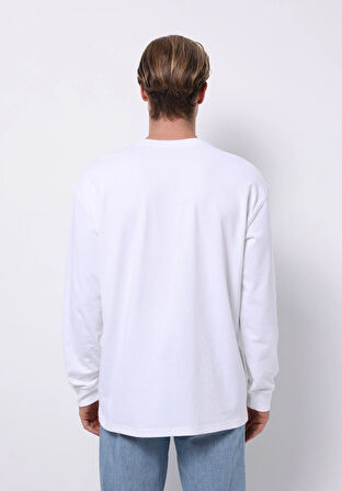 Comfort Fit Yuvarlak Yaka Düz Erkek Beyaz Uzun Kol Tişört