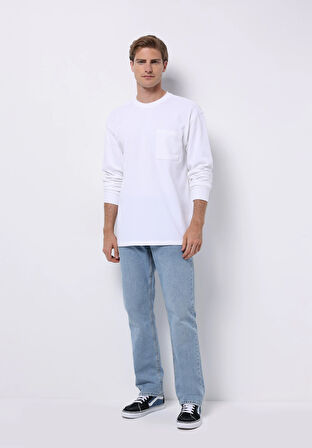 Comfort Fit Yuvarlak Yaka Düz Erkek Beyaz Uzun Kol Tişört