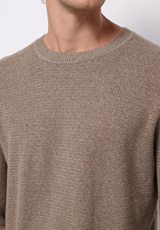 Regular Fit Yuvarlak Yaka Jakarlı Erkek Bej Kazak