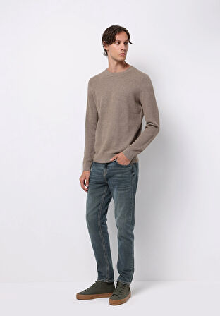 Regular Fit Yuvarlak Yaka Jakarlı Erkek Bej Kazak