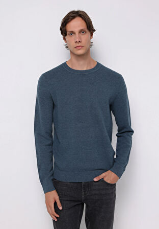 Regular Fit Yuvarlak Yaka Jakarlı Erkek Mavi Kazak