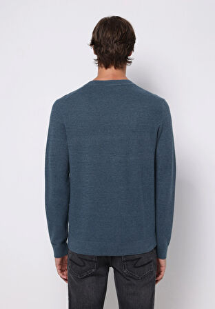 Regular Fit Yuvarlak Yaka Jakarlı Erkek Mavi Kazak