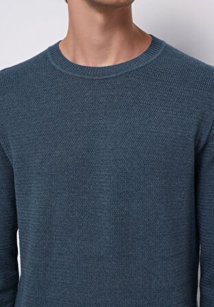 Regular Fit Yuvarlak Yaka Jakarlı Erkek Mavi Kazak