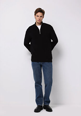 Regular Fit High Neck Jakarlı Erkek Siyah Kazak
