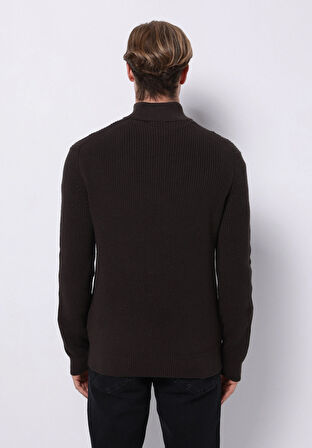 Regular Fit High Neck Jakarlı Erkek Kahverengi Kazak