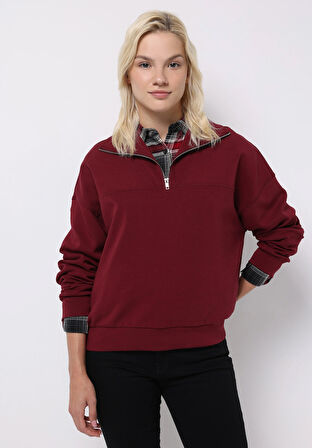 Regular Fit Fermuarlı Düz Kadın Bordo Sweatshirt