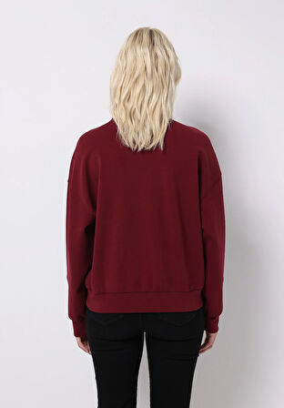 Regular Fit Fermuarlı Düz Kadın Bordo Sweatshirt