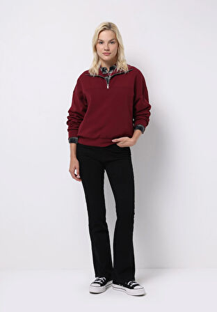 Regular Fit Fermuarlı Düz Kadın Bordo Sweatshirt