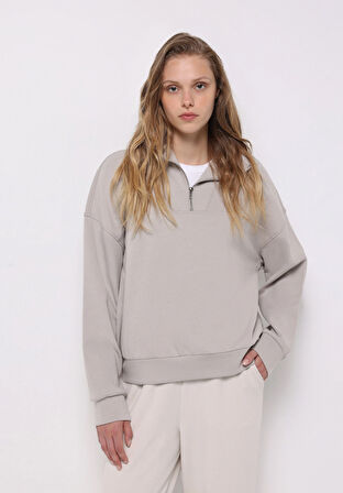 Regular Fit Fermuarlı Düz Kadın Taş Sweatshirt
