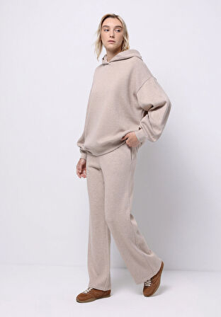 Regular Fit Orta Bel Düz Kadın Bej Eşofman Altı