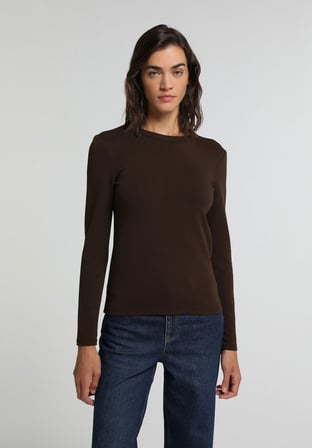 Slim Fit Yuvarlak Yaka Düz Kadın Kahverengi Uzun Kol Tişört