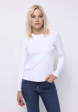 Slim Fit Yuvarlak Yaka Düz Kadın Beyaz Uzun Kol Tişört