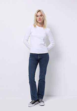 Slim Fit Yuvarlak Yaka Düz Kadın Beyaz Uzun Kol Tişört