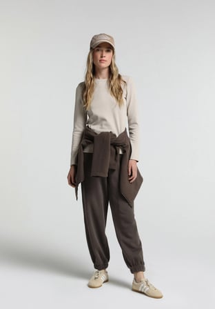 Slim Fit Yuvarlak Yaka Düz Kadın Taş Uzun Kol Tişört
