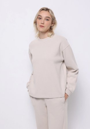 Regular Fit Yuvarlak Yaka Düz Kadın Bej Sweatshirt