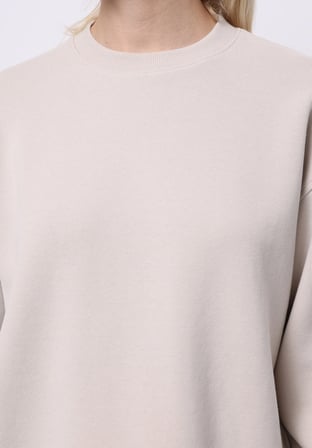 Regular Fit Yuvarlak Yaka Düz Kadın Bej Sweatshirt