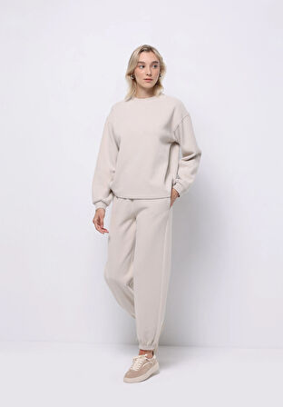 Regular Fit Yuvarlak Yaka Düz Kadın Bej Sweatshirt