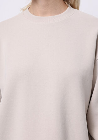 Regular Fit Yuvarlak Yaka Düz Kadın Bej Sweatshirt