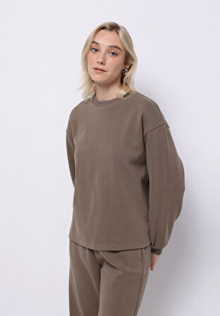 Regular Fit Yuvarlak Yaka Düz Kadın Bej Sweatshirt
