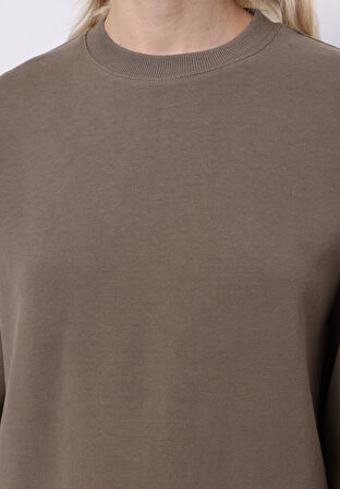 Regular Fit Yuvarlak Yaka Düz Kadın Bej Sweatshirt