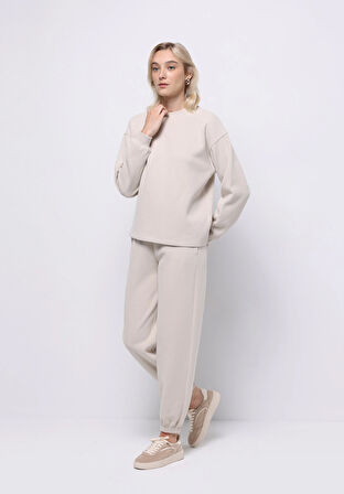 Regular Fit Orta Bel Düz Kadın Bej Eşofman Altı
