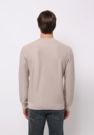 Regular Fit Yuvarlak Yaka Jakarlı Erkek Bej Kazak