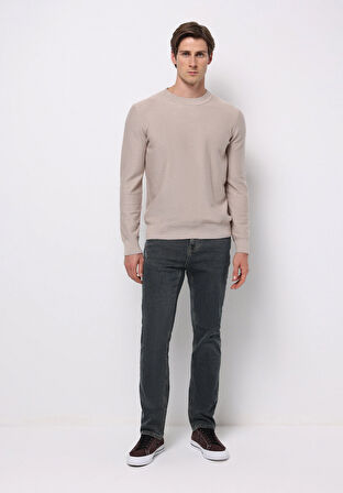 Regular Fit Yuvarlak Yaka Jakarlı Erkek Bej Kazak