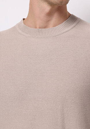 Regular Fit Yuvarlak Yaka Jakarlı Erkek Bej Kazak