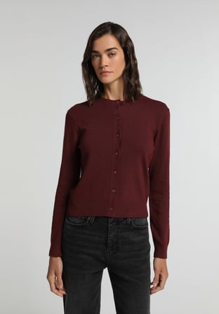 Slim Fit Yuvarlak Yaka Düz Kadın Bordo Hırka