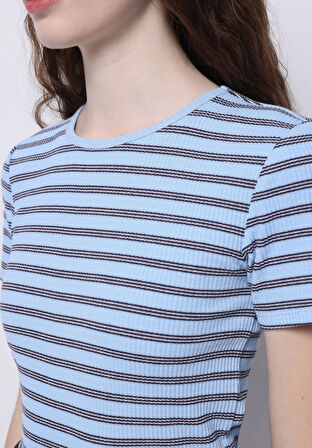 Slim Fit Yuvarlak Yaka Çizgili Kadın Mavi Kısa Kol Tişört