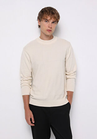 Regular Fit Yuvarlak Yaka Jakarlı Erkek Ekru Kazak