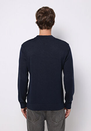 Regular Fit Yuvarlak Yaka Jakarlı Erkek Lacivert Kazak