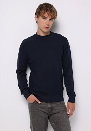 Regular Fit Yuvarlak Yaka Jakarlı Erkek Lacivert Kazak